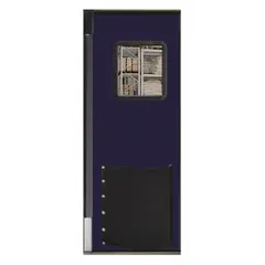 Single-door washdown swinging door with a blue polyethylene and polycarbonate construction. Includes a window and door seals. Suitable for separating zones in food processing, cold storage, and industrial washdown environments.