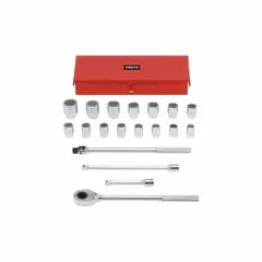This 19-piece metric socket set features a 3/4 in drive and 12-point sockets ranging from 7/8 in to 1-3/4 in. Drive tools are included. Suitable for heavy-duty fastening and loosening of metric nuts and bolts in industrial maintenance, repair, and assembly operations.