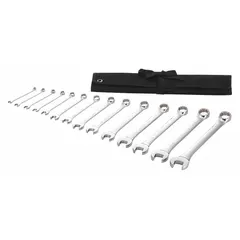 Chrome-finished alloy steel combination wrench set with 14 SAE 12-point wrenches. Head sizes range from 1/4 in to 1 in. Includes a storage pouch. Used for tightening and loosening fasteners in mechanical assembly and maintenance tasks.