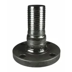 This steel barbed hydraulic hose fitting connects a 4 in hose I.D. to a flange. It features a straight configuration with a hose barb on one end and a flange on the other. Used in industrial fluid transfer systems requiring a secure joint.