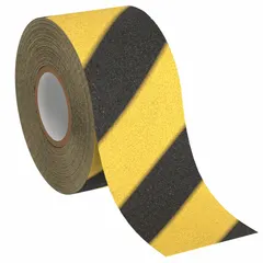 Pressure-sensitive rubber tape with coarse 60-grit mineral abrasive for slip resistance on walkways, stairs, ramps, and work platforms. Striped black/yellow pattern provides visual warning. Suitable for indoor and outdoor use, chemical-resistant, and meets ANSI specifications.