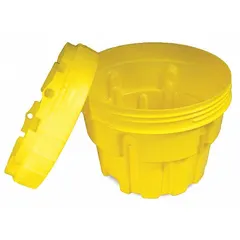This 20-gallon nestable overpack drum is made of LDPE with an open head and screw-on lid. It is unlined and features a polyethylene closing ring. The drum carries UN ratings of 1H2/X46/S for solids and 1H2/X46/S/**/USA/+AA10183 for liquids, and is marked as an Overpack/Salvage Drum. Used for secondary containment of leaking or damaged drums during storage, handling, or transport.