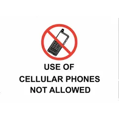 These adhesive-mounted signs communicate that cellular phone use is not permitted. Each sign measures 5 in x 7 in with a thickness of 0.025 in. The signs are not retroreflective and do not glow in the dark, suitable for indoor applications where clear, non-illuminated posting is needed.