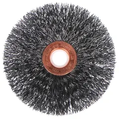 This light-cleaning brush features a crimped steel fill of 0.006" for removing rust, scale, and light burrs from carbon steel surfaces without damaging the base material. With a 3" diameter and 5/8" width, it is suited for maintenance, fabrication, and metalworking tasks. The 1/2" arbor allows mounting on common power tools.