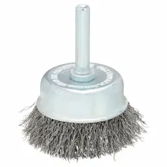 Cup brush with crimped steel fill for light cleaning of carbon steel surfaces. Removes rust, scale, and light burrs without aggressive cutting. Brush diameter 2 in, shank 1/4 in, fill diameter 0.012 in.