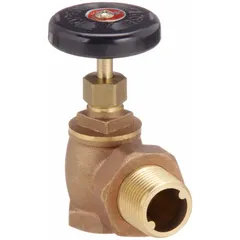 This bronze angle-body radiator valve is designed for hot water and steam heating systems. It features a hand-wheel actuation style, with a 1 in NPT pipe connection and a 1 in radiator connection. Maximum pressure ratings are 60 psi for water and 15 psi for steam.