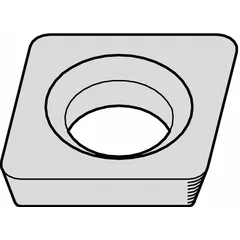 Diamond indexable turning insert for precision machining of non-ferrous materials, composites, and abrasive plastics. Provides wear resistance and surface finish in high-speed turning operations.