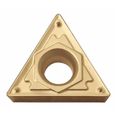Triangle (T) indexable turning insert with CVD cerment grade. Used for finishing and semi-finishing turning operations on steel, stainless steel, and cast iron. Suitable for general engineering applications.