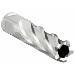 This annular cutter is made of bright high-speed steel and has a 53/64 in diameter with a 2 in maximum cutting depth. It is used for general metal cutting applications such as creating holes in steel plates and structural beams. The cutter features a Weldon Flat shank for secure mounting in compatible power tools.