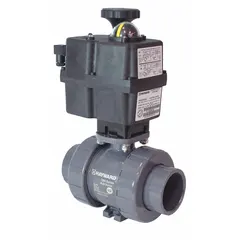 This 2-inch PVC straight-pattern electrically-actuated ball valve is designed for automated on/off flow control in industrial piping systems. It operates on 24 to 265V AC/DC power and includes thermal overload protection in its actuator. Suitable for corrosive fluid handling, water treatment, and chemical processing applications.