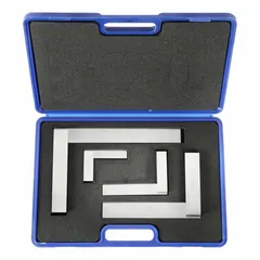Set of four precision steel squares with outside dimensions of 12 x 8 in, 4 x 3 in, 6 x 4 in, and 9 x 6 in. Accuracy ranges from 0.0006 in to 0.0012 in. Used for checking and marking 90° angles in metalworking, woodworking, and fabrication. Includes a storage case.