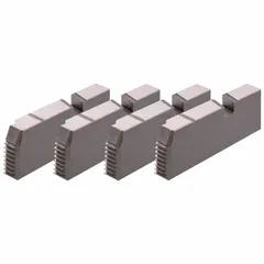 This 4-piece set of NPT right-hand pipe dies is designed for threading 1 in to 2 in pipe. Made from alloy steel, it is intended for use with Rothenberger R Series threading heads. Commonly used in plumbing, HVAC, and industrial piping applications for creating precise threads.