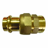 Brass press-fit adapter fitting with female NPT threads. Connects 3/4 in CTS copper tubing to 3/4 in FNPT threaded ports. Features a seal window for visual installation confirmation. Used in plumbing, hydronic heating, and industrial piping systems