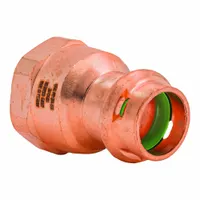 This press-fit x female NPT adapter fitting is made of copper or bronze. It connects 1/2 in CTS copper tubing to 3/4 in pipe threads for water supply, hydronic heating, and industrial piping systems