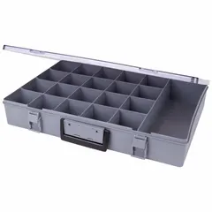 This gray plastic compartmented box from FLAMBEAU features fixed dividers for organizing small parts such as fasteners, fittings, and components. The box measures 13 x 18-1/2 x 3 inches with compartments sized 18-3/8 x 2-3/4 inches. It is not electrostatic discharge conductive, suitable for general storage in workshops and assembly areas.