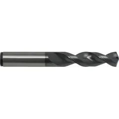 This CLEVELAND screw-machine length drill bit is made of TiCN-coated cobalt with a fast spiral flute design and a 135° split point. It is intended for deep hole-drilling applications in production machining environments, providing efficient chip evacuation in hard metals and alloys.