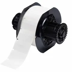 Vinyl, white (matte) wraparound label for wire gauges 16 AWG to 8 AWG. Measures 1 in x 1 3/4 in. Compatible with BBP33 printer series; requires B30-R4300 ribbon. Used for permanent identification of wires in control panels, machinery, and electrical installations.