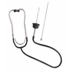 This mechanic stethoscope is constructed with steel and aluminum, featuring an extension probe for accessing confined areas. It is used for diagnosing mechanical issues in engines, pumps, bearings, and gearboxes. The tool measures 3 1/8 inches in width and includes a steel extension probe.