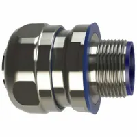 Straight metal liquid-tight conduit fitting with insulated throat, 1/2 in trade size, NPT threads. Constructed of 316 stainless steel with blue plastic components. Rated NEMA 4X for corrosion resistance. Used to terminate liquid-tight flexible metal conduit to enclosures or junction boxes in industrial wiring systems
