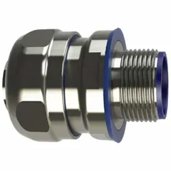 Straight metal liquid-tight conduit fitting with insulated throat, 1/2 in trade size, NPT threads. Constructed of 316 stainless steel with blue plastic components. Rated NEMA 4X for corrosion resistance. Used to terminate liquid-tight flexible metal conduit to enclosures or junction boxes in industrial wiring systems.