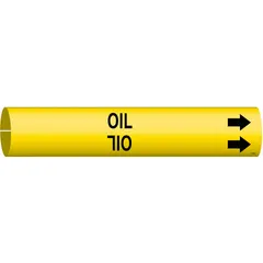 Yellow snap-on pipe marker with black 'Oil' legend and directional arrows. Fits pipe outer diameters from 3/4 to 1-3/8 inches. Used to identify pipes carrying oil in industrial piping systems.