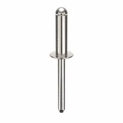 This domed-head blind rivet is designed for fastening materials where access is limited to one side. It has a 0.249" diameter, 2 11/64" overall length, and 27/32" body length. Supplied in a 100-piece pack, it is suitable for general sheet-metal assembly and other single-sided fastening applications.
