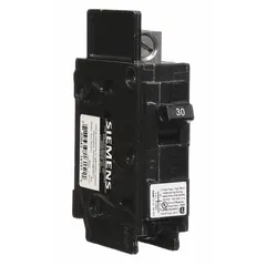 30 A, single-pole miniature circuit breaker rated 120V AC with high interrupting capacity. Bolt-on type for use in Siemens panelboards. Provides overcurrent protection for branch circuits in commercial and industrial electrical distribution systems.