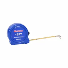 Standard inch tape measure with a 12 ft blade featuring 1/16 in graduations, stud markings, and feet markings. Manual lock and nonmagnetic single hook tip. Plastic case in black/blue. Suitable for general measuring tasks in construction, maintenance, and fabrication.