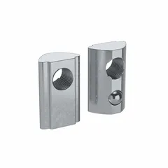 Steel roll-in T-nut with zinc-plated finish, designed for 8 mm slot widths. Features a single offset M8 threaded hole for bolting components. Compatible with Fath 15 Series and 40 Series T-slot framing systems. Sold in packs of 4.