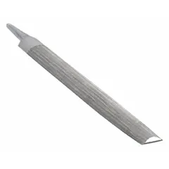 Double-cut half-round file with safe edge and smooth cut. Measures 10 inches without tang, 15/16 inches wide. Tapered towards point with natural finish. Used for general metalworking and deburring, with safe edge allowing work in corners without damaging adjacent surfaces.