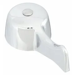 This lever faucet handle is made of cast metal with a chrome finish. It is designed for use with hot and cold water and includes a set screw for installation. Compatible with Moen brand faucets, it serves as a replacement handle for controlling water flow.