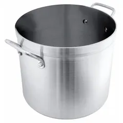 30-quart aluminum stock pot with 5 mm gauge for even heat distribution. Riveted handle for secure grip. NSF certified for commercial foodservice use. Suitable for large-volume cooking of stocks, soups, and stews. Lid not included.