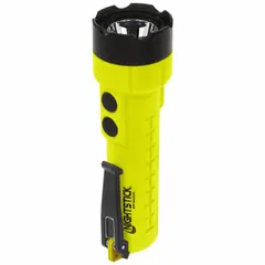 Intrinsically safe flashlight with integrated laser pointer for use in hazardous locations. Provides 210 lumens of light output with a 16-hour run time at maximum brightness. Operates on 3 AA batteries. Suitable for environments where flammable gases, vapors, or dust may be present.