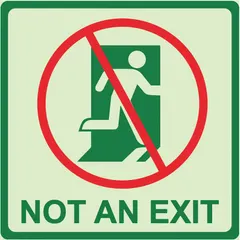 This square Not An Exit sign measures 8 in x 8 in and features adhesive mounting for easy installation on doors or walls. The photoluminescent material glows in the dark, ensuring visibility during power outages or low-light conditions. It is not retroreflective and has no anti-slip surface. Use to clearly mark areas that do not lead to an exit, helping prevent confusion during evacuations.