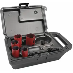 This 7-piece hole saw kit features bi-metal construction with 5/6 teeth per inch for cutting wood, metal, plastic, and drywall. Maximum cutting depth is 1-15/16 inches. Suitable for plumbing, electrical, and HVAC installations.