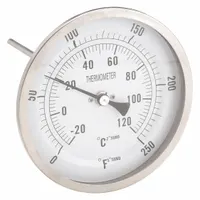This dial thermometer features a 5-inch dial diameter and 6-inch stem length, with a back-mount fixed-angle thread-mount design for direct installation into pipes or tanks. It measures temperature ranges from 0°F to 250°F and -20°C to 120°C, with accuracy of ±1% from 41 to 200°F and ±1.5% otherwise. Suitable for monitoring liquids or gases in industrial processes
