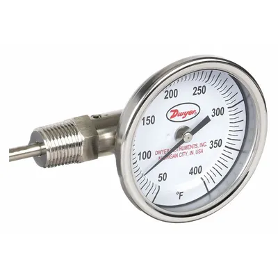 Dwyer Dial Thermometer: 50°F to 400°F, ±2%Full Scale Accuracy, 4 in Stem Lg - Side- & Bottom-Mount Fixed-Angle Thread-Mount Dial Thermometers