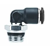 Nylon and nickel-plated brass tube fitting with Push-to-Connect x Universal Thread configuration. Accepts 8 mm OD tubing and connects to 1/8 in pipe size. Used in pneumatic systems for tool-free assembly and disassembly of tubing connections