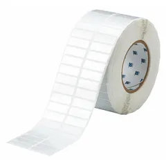 Thermal transfer precut label roll with acrylic permanent adhesive and halogen-free material. Each roll contains 10,000 labels measuring 1/2 in x 1 1/2 in. Compatible with i5100 printer series. Used for industrial identification, wire, cable, and component marking.