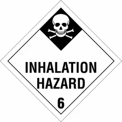 Class 6 placard for identifying toxic, poison inhalation, and infectious substances during transport. Measures 10 3/4 in x 10 3/4 in with a 10 3/4 in label height. Displays 'Inhalation Hazard' message. Suitable for use on shipping containers and vehicles.