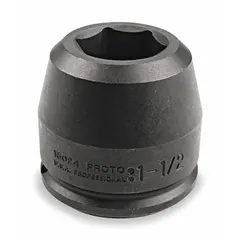 This PROTO impact socket features a 1-1/2" drive and a 2-3/8" SAE 6-point standard configuration with a black oxide finish. Designed for use with impact wrenches in heavy-duty fastening and loosening applications, such as industrial maintenance, construction, and heavy equipment service.