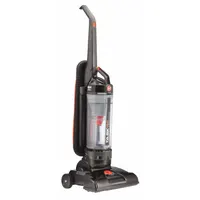 This corded upright vacuum features a 14-inch cleaning path and 59 cfm air flow. It uses a bagless HEPA filtration system and a brushed motor. The 5-position head height adjustment allows use on various floor surfaces. An onboard hose is included for above-floor cleaning