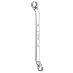 SAE double-end box wrench with 12-point openings in 1/2 in and 9/16 in sizes. Offset design provides clearance over obstructions. Chrome finish resists corrosion. Overall length 8 3/4 in. Suitable for tightening or loosening hex fasteners in confined spaces.