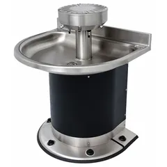Semi-circular stainless steel wash fountain with foot-operated push button activation. Includes P-Trap drain. Overall width 32 in. Color black/silver. Not ADA compliant. Suitable for high-traffic commercial restrooms and industrial facilities where hands-free operation is desired.