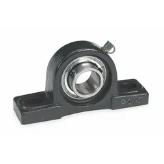 This light duty pillow block ball bearing supports rotating shafts in applications such as conveyors and fans. It features a cast iron housing with set screw locking, a 1 7/16 in shaft height, and a 5.5 in overall length. The mounting bolt size is 7/16 in, and the system of measurement is inch.