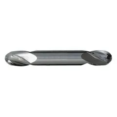 Double-end carbide ball end mill designed for contouring, slotting, and profiling in aluminum and non-ferrous materials. Features a 9/32" mill diameter, 11/16" length of cut, 3-1/2" overall length, and 4 flutes. The ball nose geometry produces smooth curved surfaces, while the double-end design provides two cutting edges per tool to reduce changeover time in CNC milling operations.