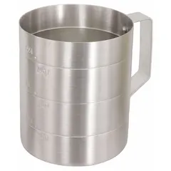 This aluminum dry measuring cup has a 1 pt capacity with 1/2 qt graduation subdivisions. It is NSF certified and gray in color, with a maximum temperature resistance of 410°F. Suitable for measuring dry ingredients in commercial foodservice settings.