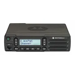 Analog VHF business radio designed for vehicle-mounted installation. Delivers 25 W output power across 99 alphanumeric channels. FCC license required for operation. Suitable for mobile fleet communication in commercial and industrial settings.