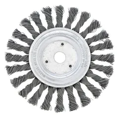 This heavy-cleaning brush is designed for flat carbon steel surfaces. It features a cable twist knot carbon steel fill for aggressive cleaning. The brush has a 6-inch diameter and 3/8-inch face width, with a 5/8-inch to 1/2-inch arbor. It is used for removing rust, scale, and weld splatter in industrial maintenance and fabrication applications.