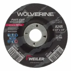 General purpose Type 27 grinding wheel for carbon and stainless steel. Aluminum oxide construction with 24 grit for aggressive material removal, blending, and weld preparation. Dimensions: 4-1/2" diameter, 1/4" thickness, 7/8" arbor hole. Suitable for metal fabrication, maintenance, and repair applications.